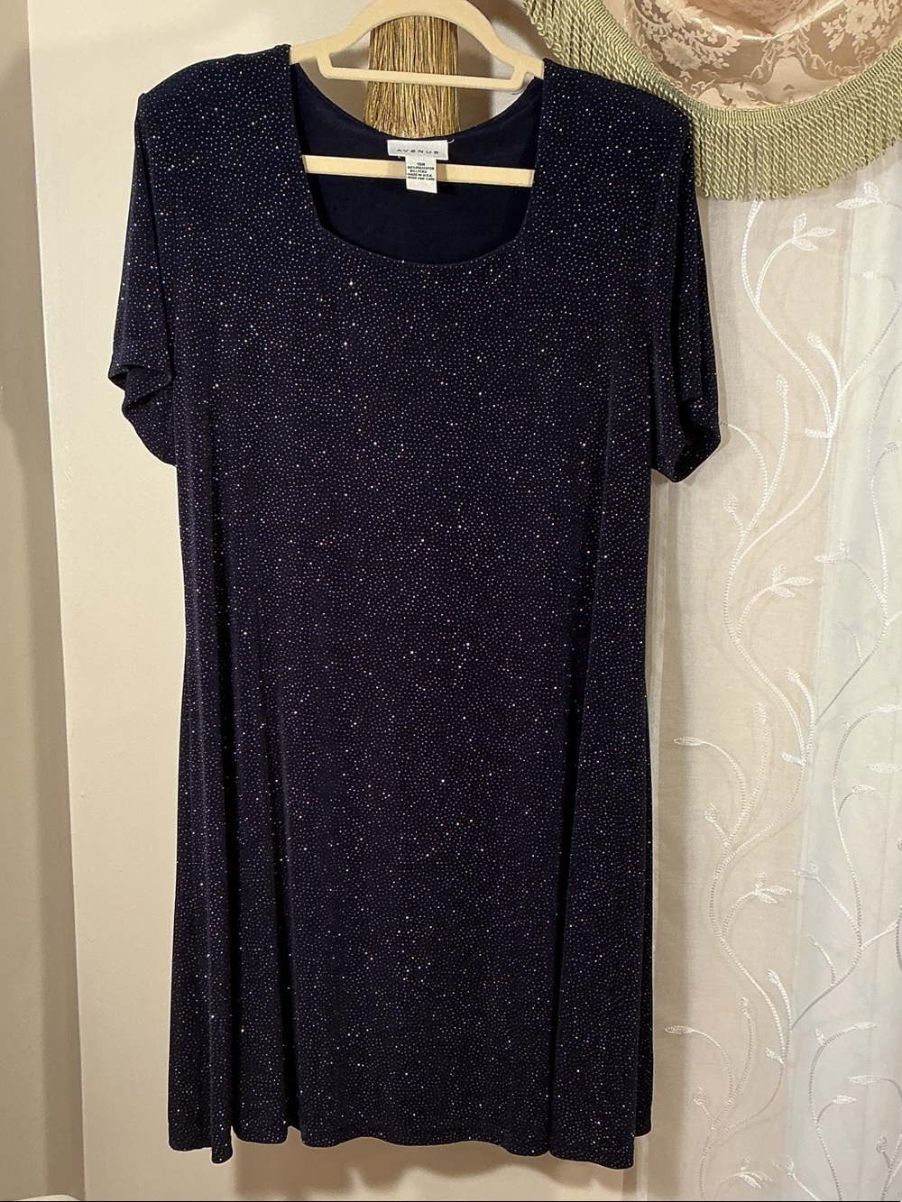 Avenue Navy Glittery Short Sleeve Knee Length Cocktail Party Dress Sz 16W A-Line